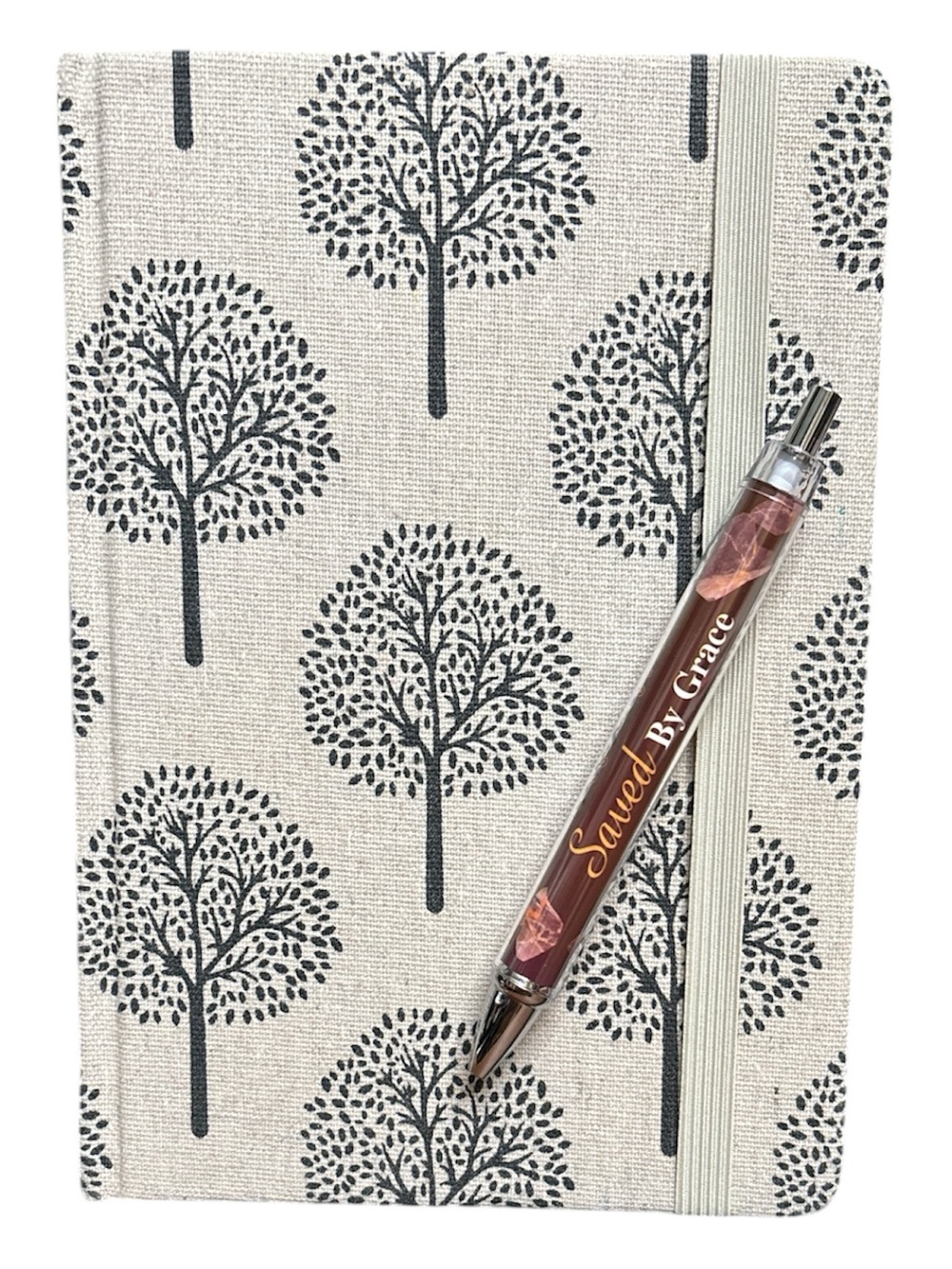 Gray Tree-Print Notebook with Elastic Band and Saved By Grace Pen